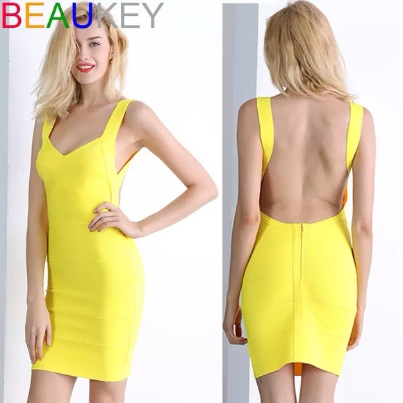 Brand New Backless Stretchable Sexy Dress in bright yellow in size 6 - Picture 2 of 5
